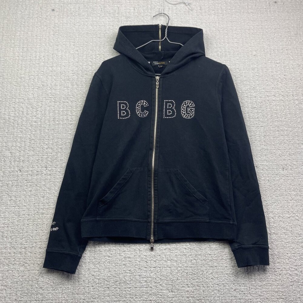 Y2K BCBG Maxazria Black Full Zip Hoodie Sweater Rhinestone Women Sz L Goth Punk